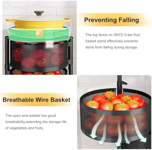 5-Tier Fruit and Vegetable Basket Bowls for Kitchen, Rotating, Black