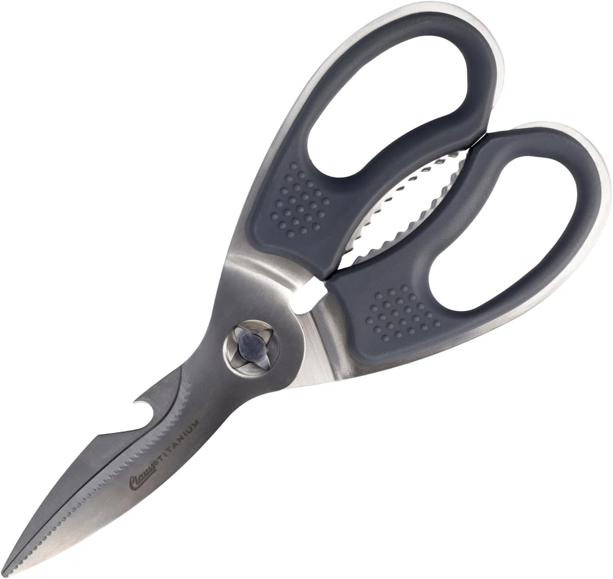 Kitchen Scissors Titanium Nitride Coated Grey | Soft Grip Household Scissors with Micro-Serrated Blades | Extra Hard & Removable Blades | Poultry Scissors, Herb Scissors, Pizza Scissors | CL
