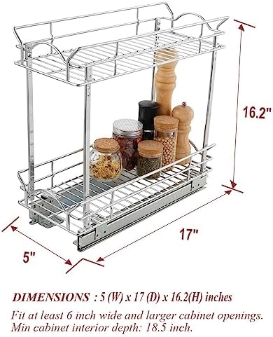 Slide Out Cabinet Organizer for Narrow Cabinet (5" W X 17" D), 2 Tier Pull Out Shelves Slim Sliding Cabinet Organizer and Storage, Chrome