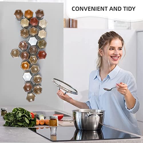 Set of 24 Hexagon Glass Spice Jars with Shaker Lids and Labels for Refrigerator, Kitchen, RV Travel Trailer Magnetic Containers