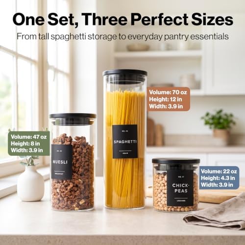 Glass Pantry Storage Jars Containers with Black Lids and Labels - Set of 5
