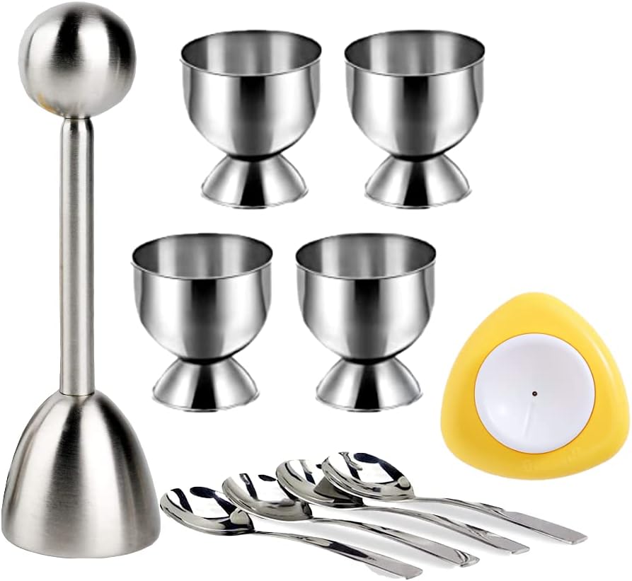 10 Pcs Egg Cups for Soft Boiled Eggs, Egg Cracker Topper Set for Raw Hard Boiled Eggs, 4X Egg Spoons, 4X Egg Cups, 1x Magnet Egg Piercer, 1x Stainless Steel Egg Topper Egg Guillotine