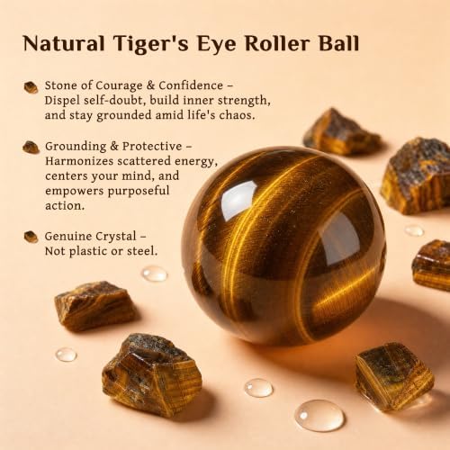 PrettyCare Rose Quartz Roller Bottles for Essential Oils, 50ml Roll On Bottles with Natural Crystal Roller Ball Applicator, Refillable Amber Glass Perfume Bottle (1 Pack, Tiger's Eye Roller) - Image 2
