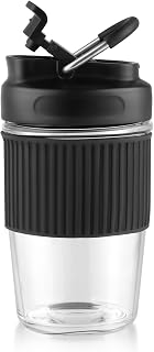 Reusable Glass Ice Hot Coffee Cup 16 oz, Portable Travel Mug with Spill-Proof Lid and Thermal Sleeve for Home Office Black
