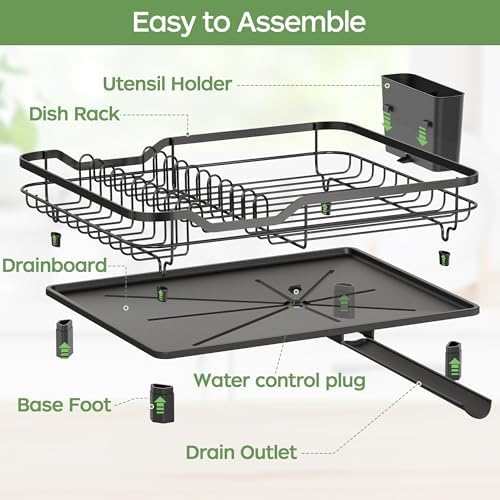 Dish Drying Rack, Stainless Steel Rustproof Dish Rack for Kitchen Counter, Sturdy Dish Drainer with Drainboard, Drainage, Utensil Holder for Various Kitchenware, 16.2"(L) x 12.6"(W), Black