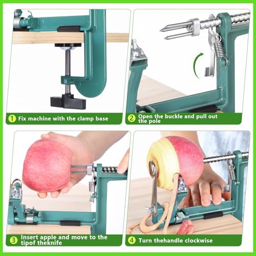 Apple Peeler Corer, Long lasting Chrome Cast Magnesium Alloy Apple Peeler Slicer Corer with Stainless Steel Blades and Powerful Clamp Base for Apples and Potato(DeepGreen)