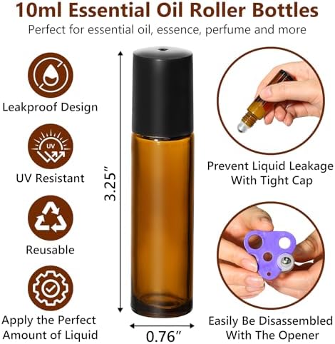 KEYWING 10ml Amber Glass Roller Rottles for Essential Oils, 54 Pack - Image 3