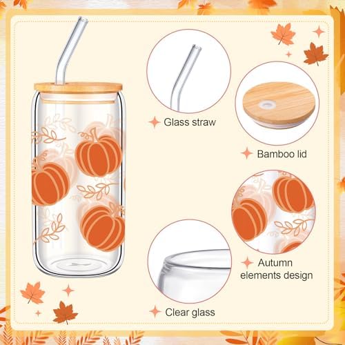 6 Pcs Fall Glass Cups, 16 oz with Lids and Straws