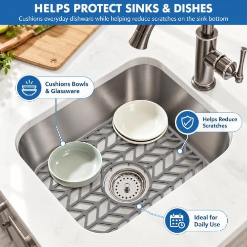 Silicone Sink Protectors for Kitchen Sink, 12" x 11" Mat for bottom of sink, Center Drain Hole, Protect from Stains, Scratches, Dishwasher Safe Grid for Kitchen (2 Pack, Gray)