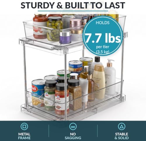 2-Tier Multi-Purpose Bathroom Under Sink Organizers and Storage, Stackable Kitchen Pantry Organization, Pull Out Medicine Cabinet Organizer with Movable Dividers, Clear, 2 Pack