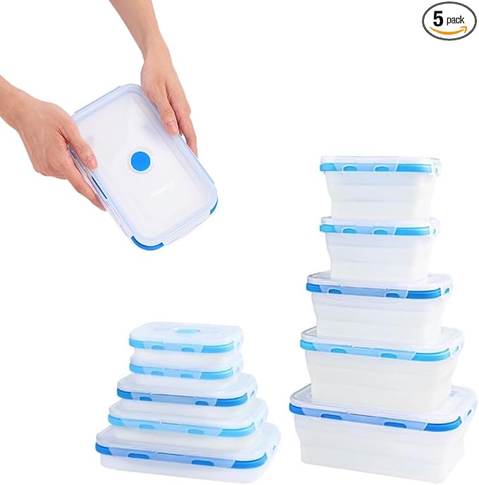 ECOBERI Collapsible Food Storage Containers, Silicone 5 Piece Set, 12/17/27/40 oz, BPA-Free Meal Prep Containers with Airtight Lids, Space-Saving, Freezer and Dishwasher Safe