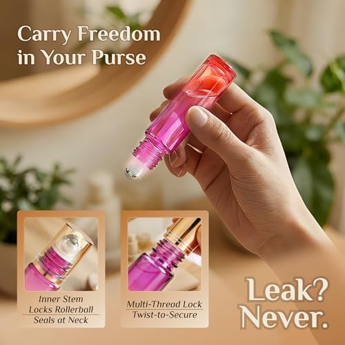 PrettyCare 24 Pack, 10 ml Essential Oil Roller Bottles with Stainless Steel Roller Ball - Refillable Leak-proof Empty Thick Red & Purple Glass Roll on Bottles with Golden Caps for Travel, Perfume - Image 6