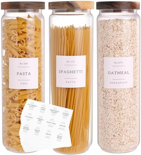3 Set Glass Pantry Storage Jars with Acacia Airtight Lid - 50oz Thicken Glass Kitchen Canisters with 132 Pantry Labels - Tall Food Storage Containers with Wood Lid for Pasta,Spaghetti,Cereal