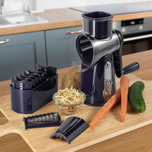 5-in-1 Rotary Cheese Grater with Handle – Stainless Steel Blades, Vegetable Slicer & Shredder, Nut Grinder, Carrot & Cabbage Grater, Easy-to-Clean Kitchen Tool (Purple)