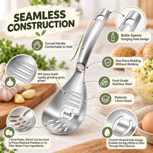5-in-1 Multifunction Stainless Steel Cooking Grater Spoon, Kitchen Tool for Mashing, Grating, Straining, Egg Separating & Bottle Opening, 1.5mm Steel, 144 Grinding Teeth - Image 3