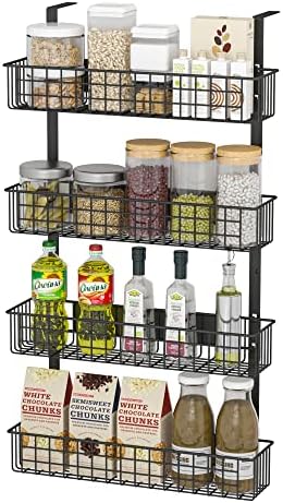 4 Tier Magnetic Spice Rack | Strongly Magnetic Spice Shelf with Utility Hooks | Refrigerator Spice Storage | Kitchen Storage Rack for Placing Seasoning Bottles, Plastic Wraps or Garbage Bags (Black)