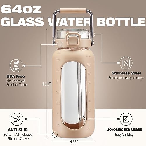64oz Water Bottle Glass with Stainless Steel Handle Large Water Bottle with Time Markers and Silicone Sleeve Half Gallon Water Jug BPA Free for Gym Daily Use, Amber