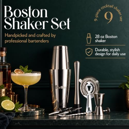 Boston Shaker Set - Stainless-Steel, Weighted, Martini Cocktail Shaker Set w/Strainer & Mixer - Mixology Bartender Kit - Bar Set for the Home - 9-pc Drink Shaker Set - Bar Tools - Silver