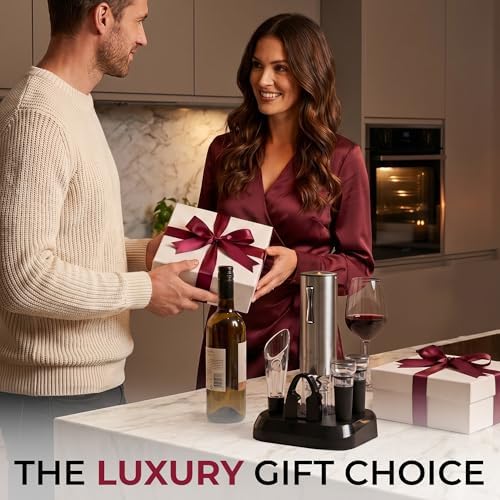 Electric Wine Opener with Charging Base - Electric Wine Bottle Opener, Stainless Steel Wine Opener - Aerator Pourer, Foil Cutter & 2 Vacuum Stoppers - Silver