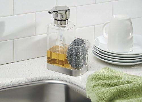 Modern Plastic Kitchen Sink Countertop Liquid Hand Soap Dispenser Pump Bottle Caddy with Storage Compartment - Holds and Stores Sponges, Scrubbers and Brushes - Clear/Brushed