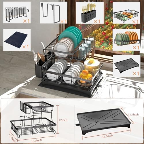 2-Tier Dish Drying Rack - Dish Rack with Auto Drain-to-Sink & Mat