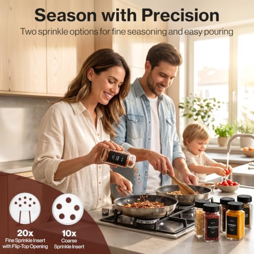 Glass Spice Jars with Label, Seasoning Set, 24x Black Steel Lids