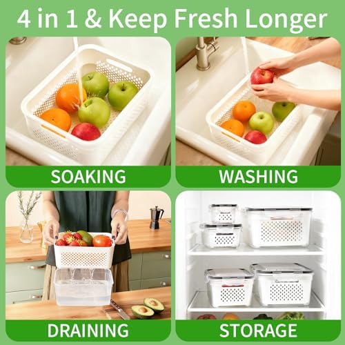 Fruit Storage Containers for Fridge with Removable Colander, 5-Pack