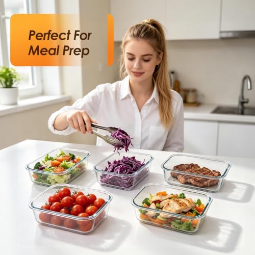 5 Pack 36oz Glass Storage Containers with Lids, Grey
