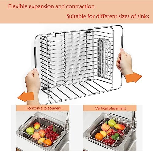 Stainless Steel Dish Drying Rack (15" L X 11" W X 4.1" H), Expandable Fruit & Vegetable Drain Rack Over Sink, Dish Drainer Rack in Sink, with Utensil Holder & Silicone Mat (16")