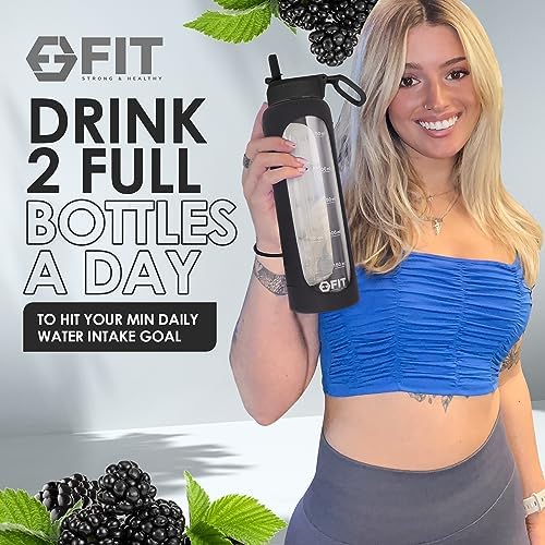 32 oz Glass Water Bottle with Straw Lid - Wide Mouth Borosilicate Glass Water Bottles with Time Marker, Silicone Sleeve & Extra Lid - 1L Large Motivational Drinking Bottle