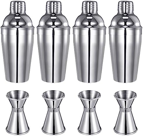 Cocktail Shaker Set Martini Shaker Bulk Stainless Steel Martini Mixer with Strainer and Double Measuring Jigger for Bar Party Home Use Wine Bar (4 Packs)