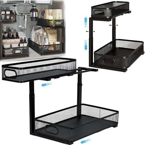2 Pack Under Sink Organizer, Dual-Layer Pull Out Mesh Cabinet Rack with 5-Level Height Adjustment, Rust-Resistant Sliding Storage for Bathroom & Kitchen, Multi-Purpose 2-Tier Shelf(Black)
