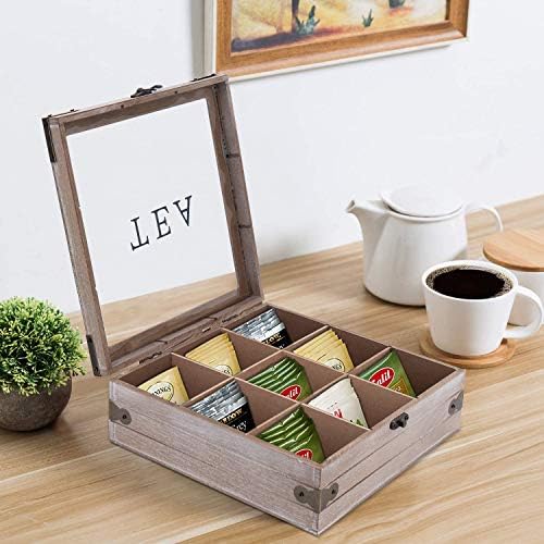 Tea Box Organizer, Rustic Tea Bag Storage with Clear Lid