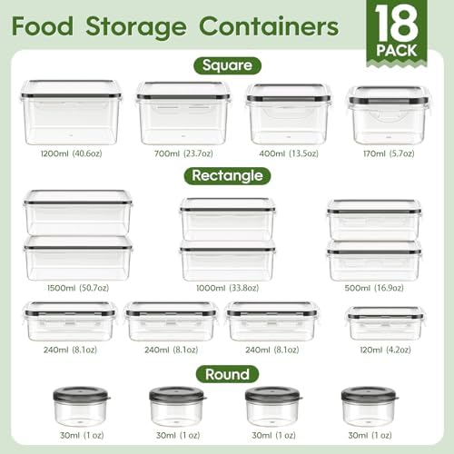 36-Piece Food Storage Containers with Lids(18 Container & 18 Lid), Plastic Food Containers for Pantry & Kitchen Storage and Organization, BPA-Free, Leak Proof, Reusable with Labels & Pen
