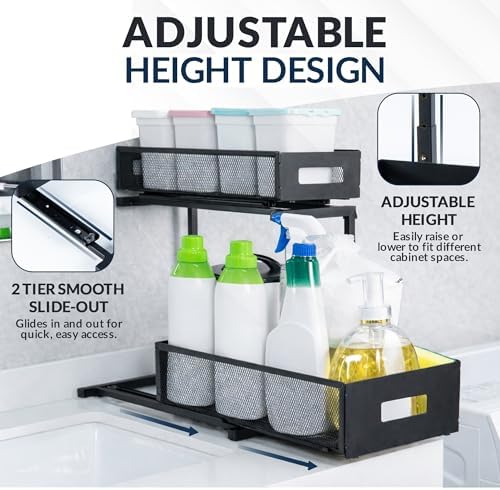 Under Sink Organizer Set of 2, Heavy Duty Matte Black Metal Cabinet Organizer with Retractable Shelves, Adjustable Height, Expandable Storage for Kitchen Bathroom and Laundry Room