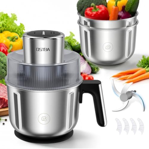 Food Processor with 3 Stainless Steel Bowls, Anti-Clog Magnetic Blade