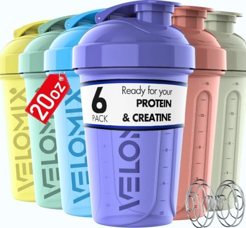VELOMIX 6 Pack 20oz Shaker Cups for Protein Shakes, Pastel Shades by VELOMIX