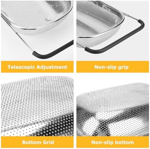 ZDRongZhen Kitchen Accessories Over the Sink Colander Strainer Basket，Stainless Steel Colander with Expandable Rubber Grip Sink Drainer-Rinse Vegetables Fruits &Strain&Drain (Large-Dense round hole)