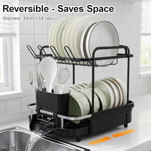 Expandable Dish Rack for Kitchen Counter, 2-Tier Dish Racks, Detachable Large Capacity Dish Drainer Organizer with Auto Drain, Stainless Steel Dish Drainer with Cup & Utensil Holders