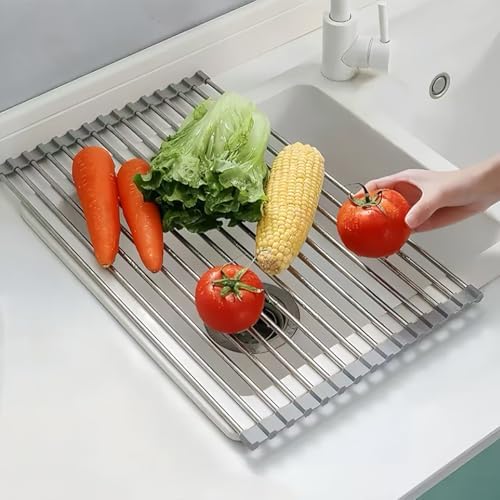 Roll Up Dish Drying Rack, 17.7" x 15.5" Over The Sink Dish Drying Rack, Dish Drying Rack for Kitchen Sink Counter Storage (Grey)