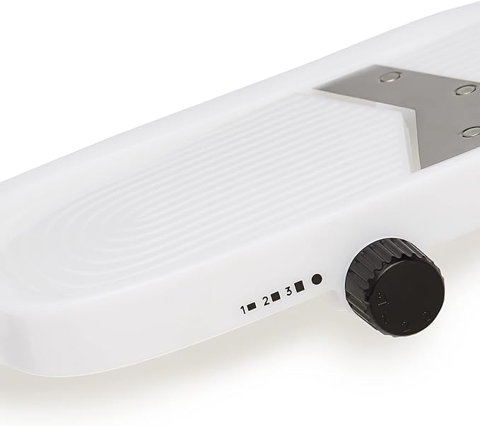 Amazon Basics Hand-held Safe Mandoline Slicer for Vegetables and Fruits, Adjustable Thickness, Stainless Steel Blade, White, 11.3" x 4.5" x 2.5"