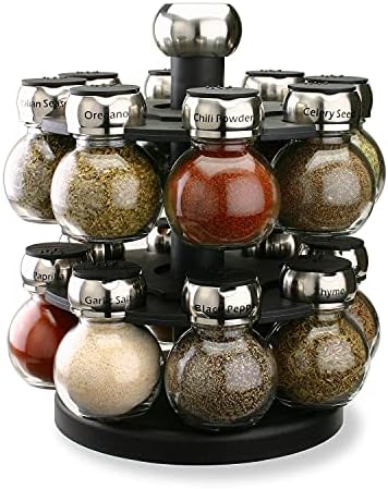 Orbit Rotating Rack, 16 Refillable Spice Jars, Labeled Shaker Tops, 45, Black, Clear