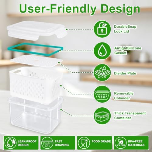 Thicker Produce Fruit Storage Containers for Fridge with Colander &Dividers