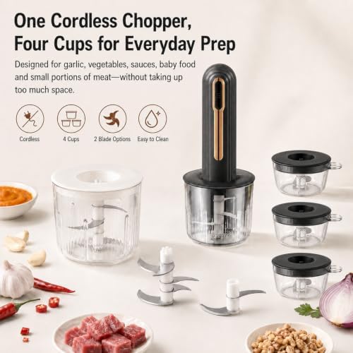 Home Use Wireless Electric Meat Grinder, Cordless Multifunctional Mini Electric Food Processor, Wireless Portable Kitchen Chopper for Minced Meat, Garlic, with 4 Cups & 2 Slicers (Black) - Image 2