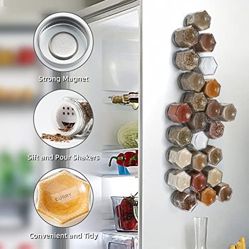 Set of 24 Hexagon Glass Spice Jars with Shaker Lids and Labels for Refrigerator, Kitchen, RV Travel Trailer Magnetic Containers