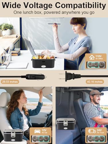 1.8L+0.5L Heated Lunch Box for Men, 80W Electric Lunch Box with Long-handled Utensils for Adults, 12V/24V/110V Lonchera Eléctrica Portátil, Portable Food Warmer for Car/Truck/Office (B/G)