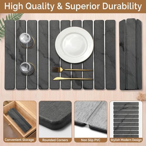 Large Stone Dish Drying Mat for Kitchen Counter, Quick Dry Stone Dish/Bath Mat, Foldable Water Absorbing Diatomaceous Earth Mat, Kitchen Bathroom Organizer Decor Gifts for Women (Dark Gray 24"×16")