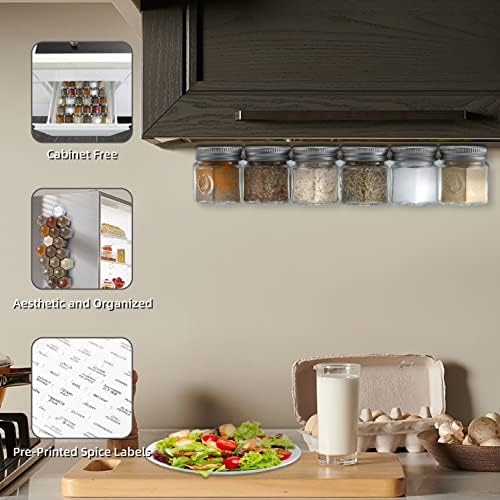 Set of 24 Hexagon Glass Spice Jars with Shaker Lids and Labels for Refrigerator, Kitchen, RV Travel Trailer Magnetic Containers