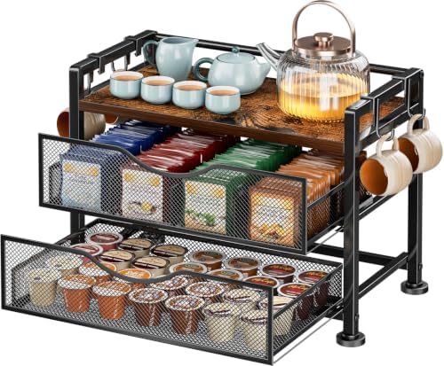 3 Tiers Tea Bag Organizer for Countertop - Wood Teabag Holder with Drawers