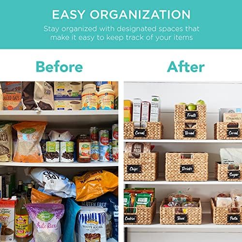 Set of 4 9x12in Water Hyacinth Pantry Baskets, Woven Organizers w/Chalkboard Label, Chalk Marker - Natural